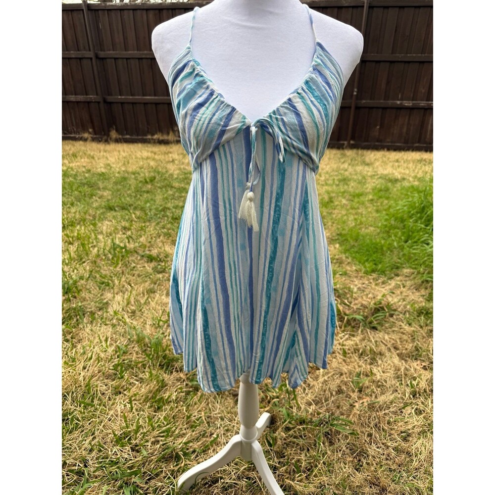 Boho Blue Striped Sundress -M- Tie Front Spaghetti Strap Summer Dress